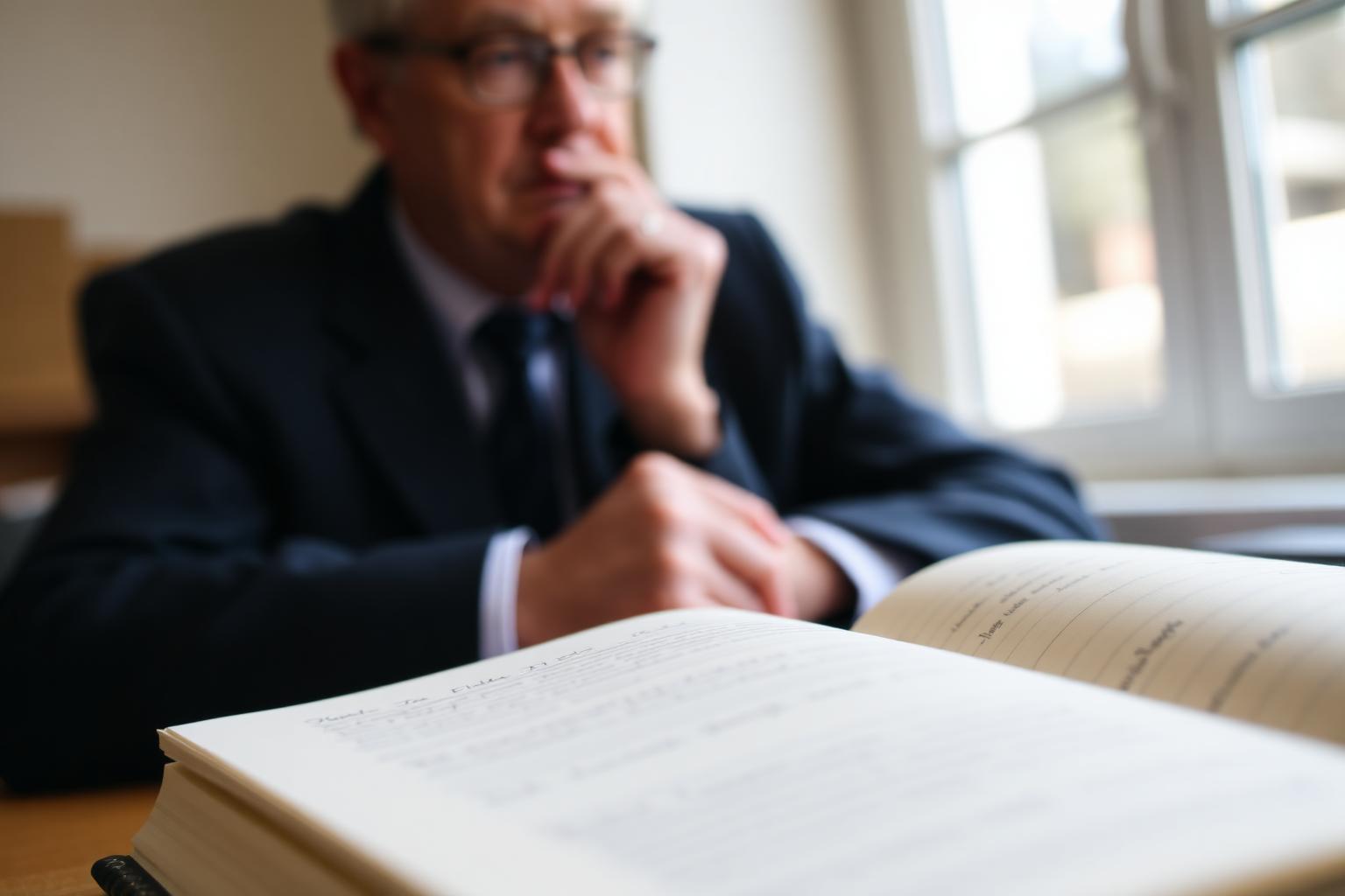 A thoughtful professional and an open notebook, mid sentence