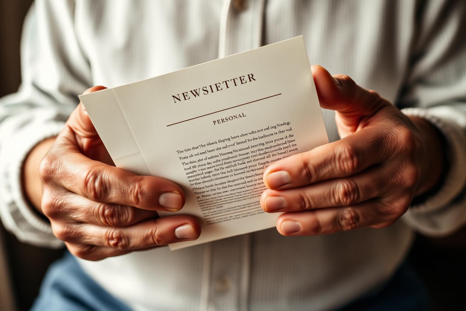 Hands holding a printed newsletter on cream paper