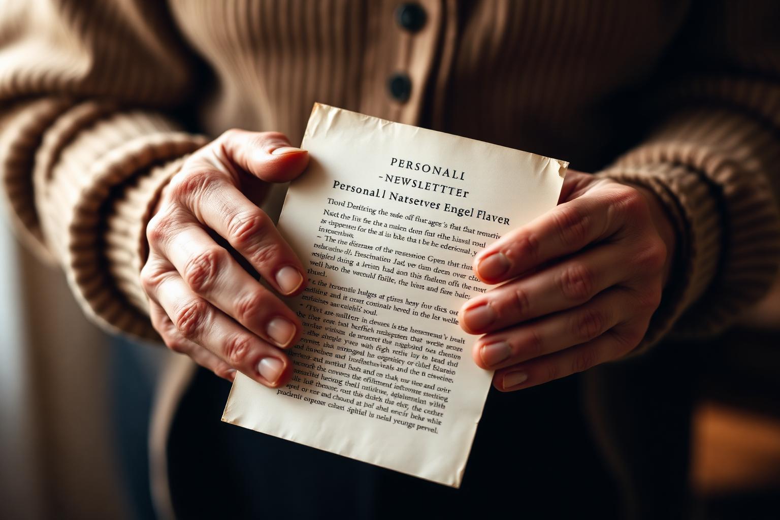 Hands holding a printed page of an elegant personal newsletter